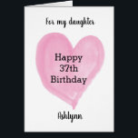 Carte de Pink Watercolor<br><div class="desc">A personalized watercolor pink heart 37th birthday card for daughter, sister, wife and more. The Front of this heart 37th birthday card for her can be personalized with the birthday recipient's name. Donc le message d'inside birthday can be edited. This would make a unique personalized card keepsake for her thirty...</div>