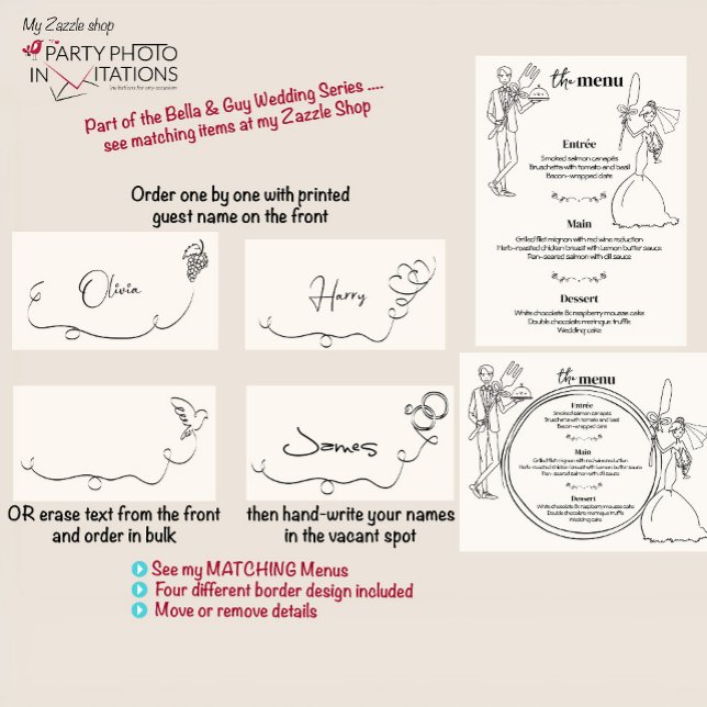 carte de place mariage dessinée à la main (Bella & Guy hand drawn series menu place cards)