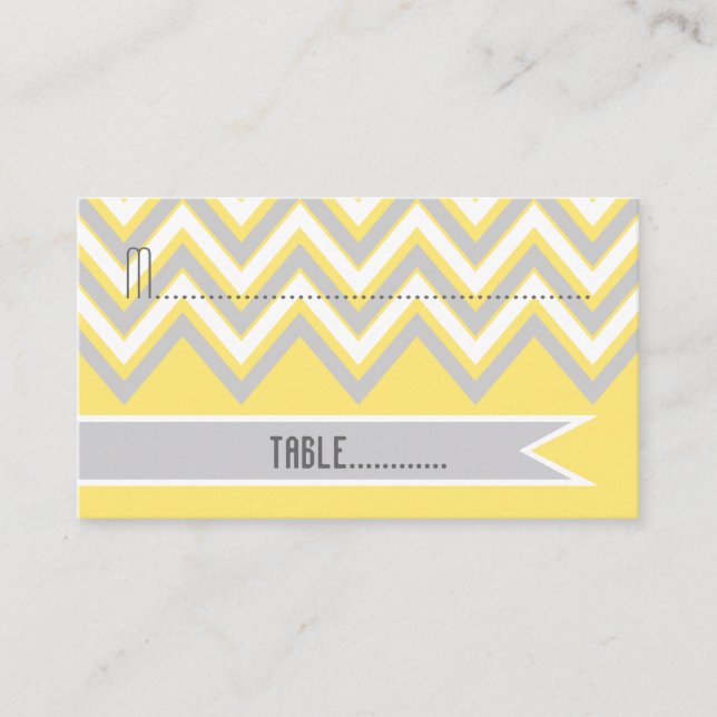 Carte de place moderne chevron gris, jaune mariage (Devant)