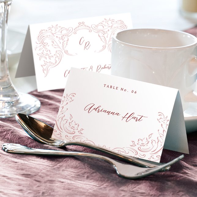 Carte de place pliable Pink Sketish Vintage Flouri (Pink Sketched Vintage Flourish Foldable Place Card)
