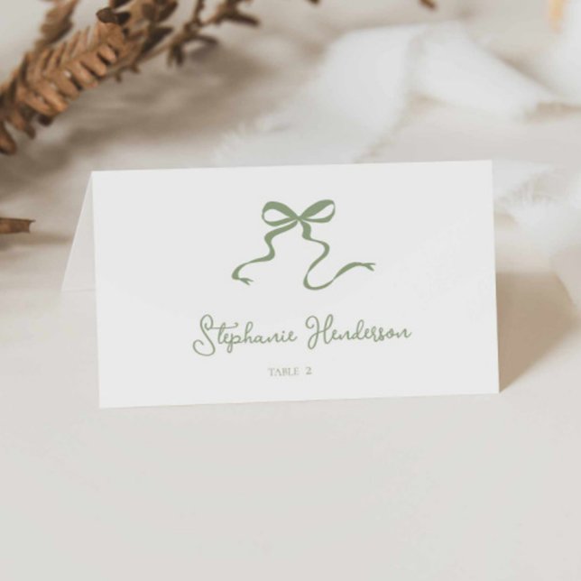 Carte de place pliée Sage Green Bow (sage green bow wedding tent place card/ unique bow illustration folded seating card escort card)