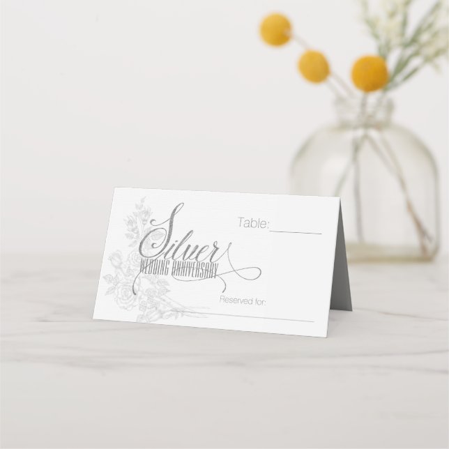 Carte De Placement 25e anniversaire d'argent avec des roses blanches (Devant)