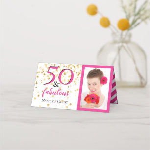 Carte De Placement 50 & Fabuleux Photo Pink Chevron White Gold Party