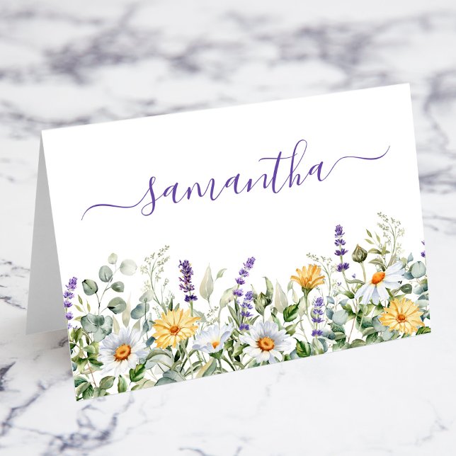 Carte de placement à bordure aquarelle de fleurs s (Purple Wildflowers Watercolor Border Individual Place Cards)