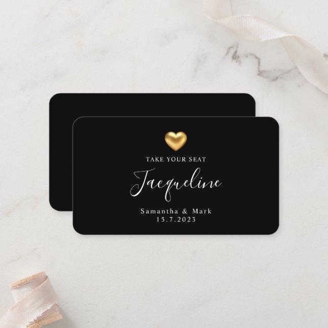 Carte de placement à plat cœur doré mariage modern (Devant/Arrière en situation)