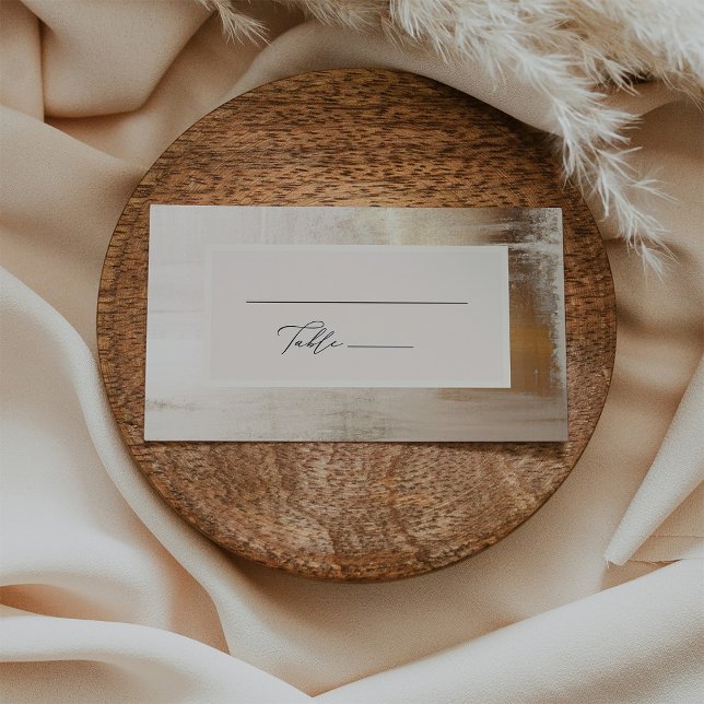 Carte De Placement Abstrait d'or | Élégant appartement de mariage (An elegant, faux gold abstract look wedding table card with a neutral beige center and calligraphy)