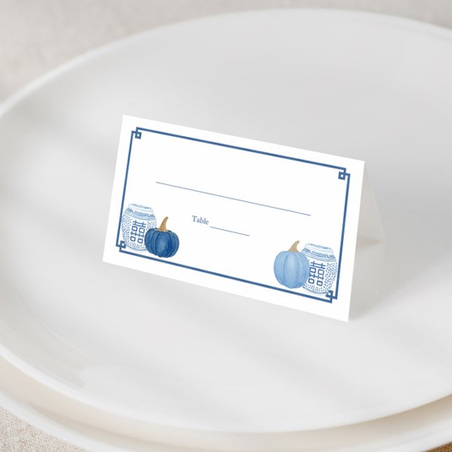 Carte De Placement Accueil De Mariage Citrouille Bleu Et Blanc Intell (Preppy watercolor blue pumpkins with blue and white ginger jars place card design)