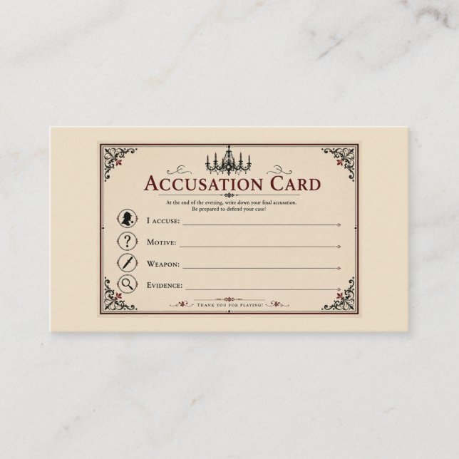 Carte De Placement Accusation de mystère de meurtre & Notes de indice (Devant)