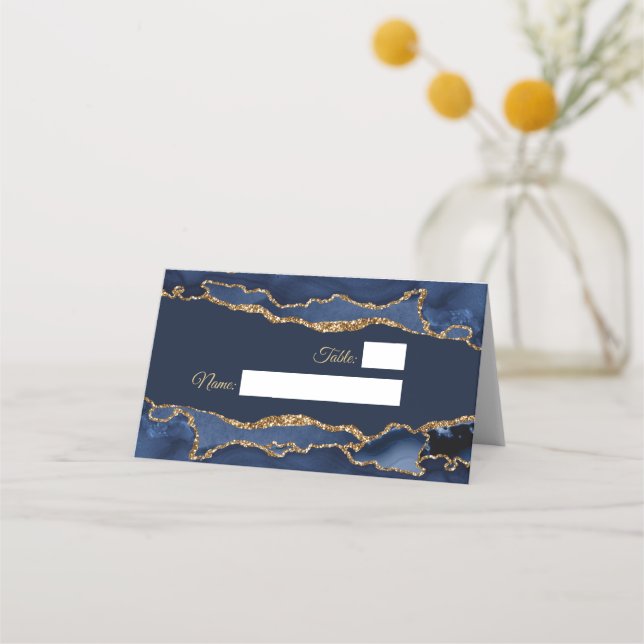 Carte De Placement Agate bleue et or élégante et moderne (Devant)