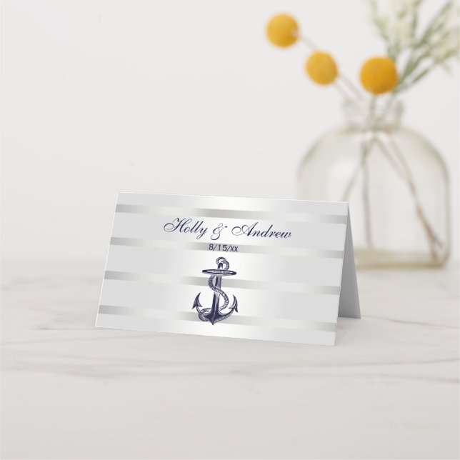 Carte De Placement Ancre Bleue Marine Nautique Argent Blanc (Devant)