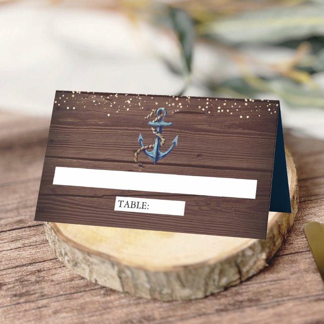 Carte De Placement Ancre bleue Rustic Wood Marine Mariage nautique (Créateur téléchargé)