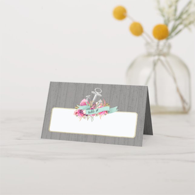 Carte De Placement Ancre florale et Shiplap Beach Wedding Place Card (Dos)
