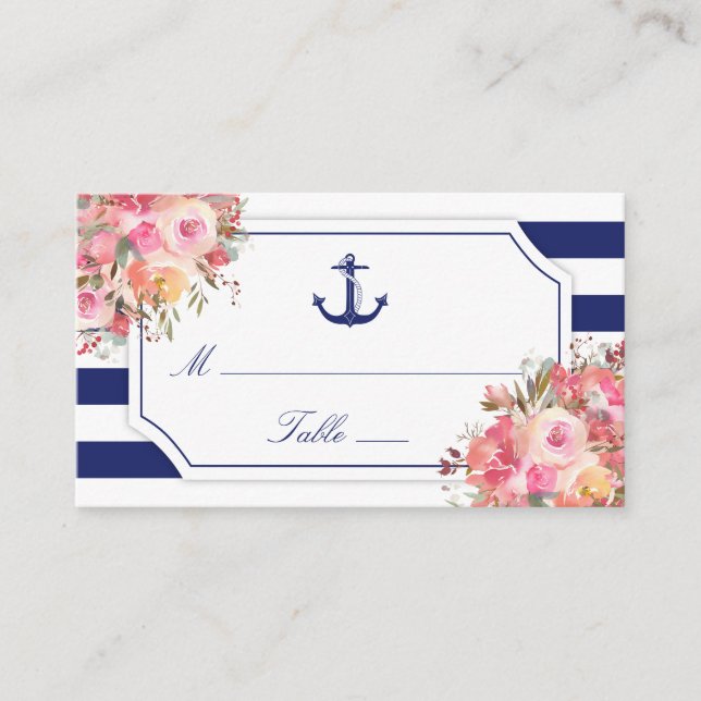 Carte De Placement Ancre nautique Floral Blue Stripe Mariage (Devant)