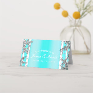 Carte De Placement Aqua Blue & Silver Winter Snowflakes Party Siège