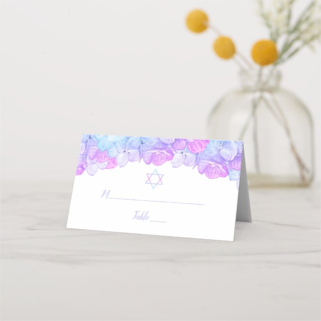 Carte De Placement Aquarelle bat mitzvah Florale Rose Bleu Hydrangée (Devant)