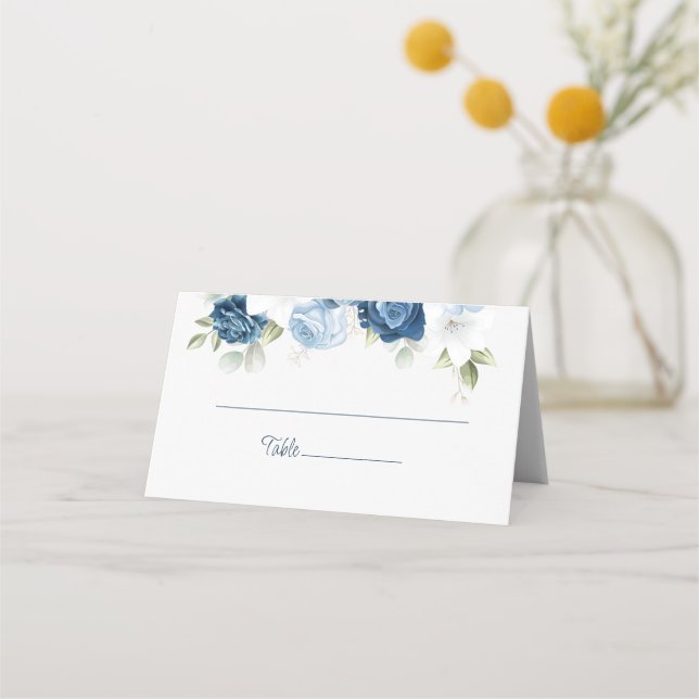 Carte De Placement Aquarelle bleu Dusty Mariage Floral (Devant)