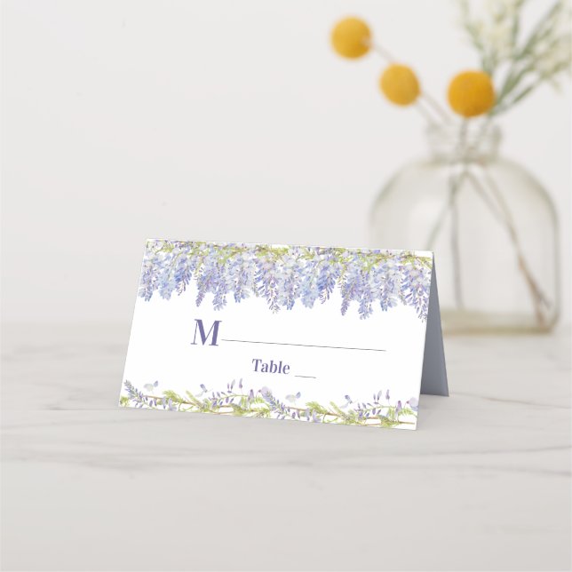 Carte De Placement Aquarelle bleu et violet Mariage floral (Devant)