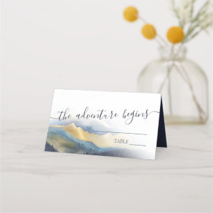 Carte De Placement Aquarelle Blue Gold Foil Mountain Mariage extérieu