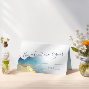 Carte De Placement Aquarelle Blue Gold Foil Mountain Mariage extérieu