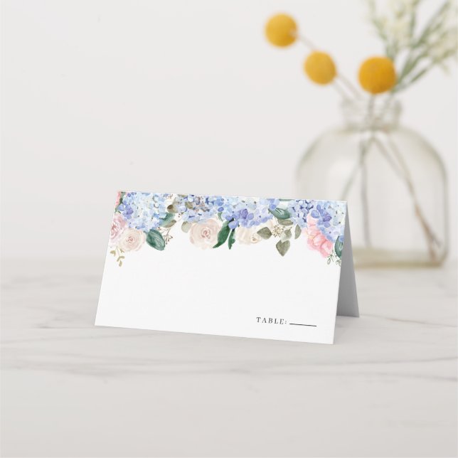 Carte De Placement Aquarelle Blue Hydrangea et rose Roses Floral (Devant)
