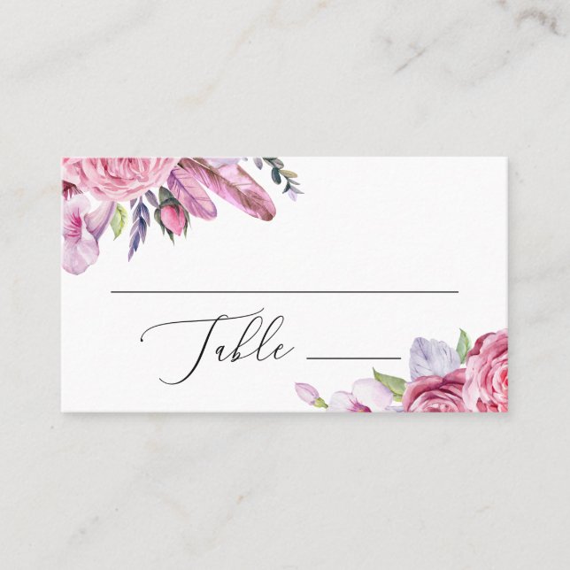Carte De Placement Aquarelle boho rose fleurs et plumes mariage (Devant)
