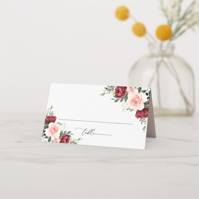 Carte De Placement Aquarelle Burgundy Blush Floral Mariage plié (Devant)