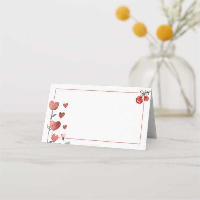 Carte De Placement Aquarelle Coeur Floral Cerise Blank Étiquette Alim (Devant)