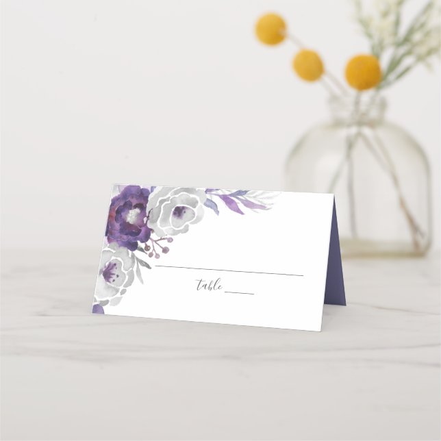 Carte De Placement Aquarelle d'argent violet Réception de mariage flo (Devant)