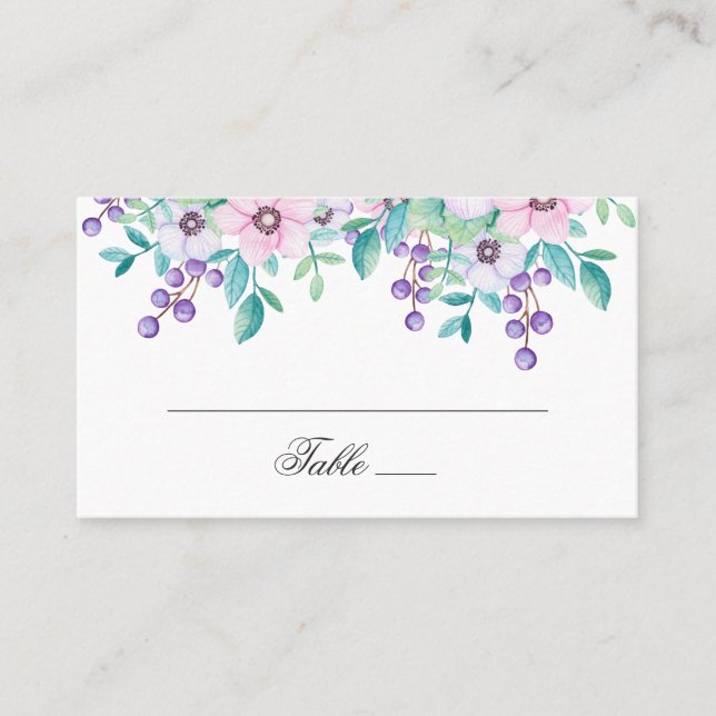 Carte De Placement Aquarelle de fleurs violettes et roses. Mariage fl (Devant)