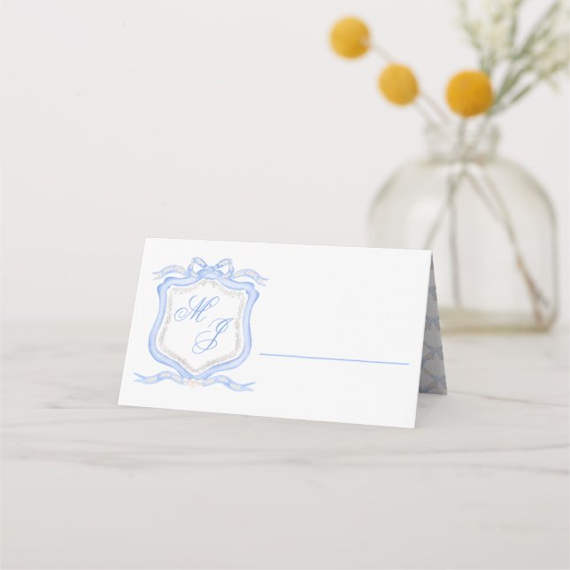 Carte De Placement Aquarelle Designer Blue Monogram Crest Mariage (Devant)