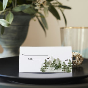 Carte De Placement Aquarelle d'hiver moderne Forêt verte avec neige