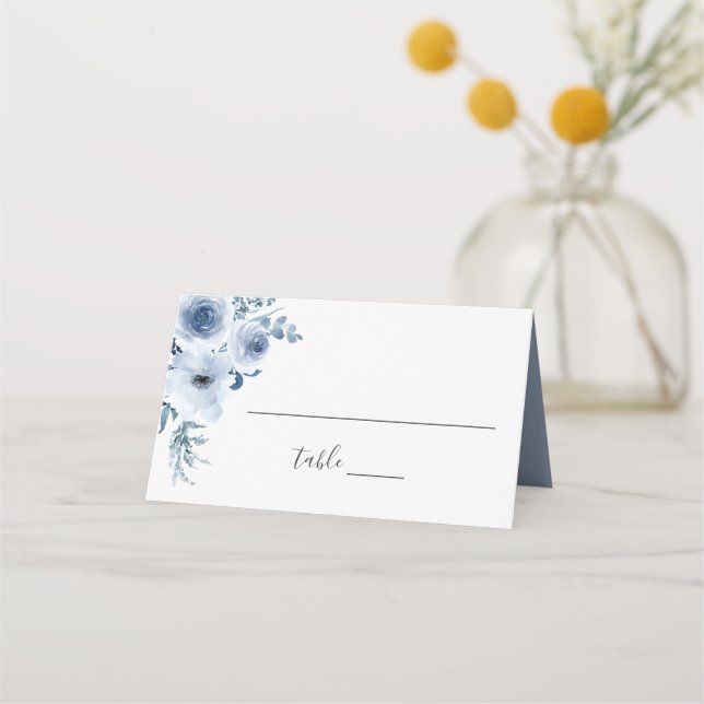 Carte De Placement Aquarelle Dusty Bleu Bohème Mariage Floral (Devant)