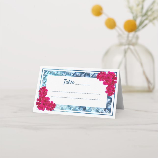 Carte De Placement Aquarelle Élégance grecque + Fleurs roses (Devant)