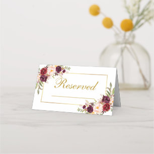 Carte De Placement Aquarelle Floral Bourgogne Mariage Réservé Or