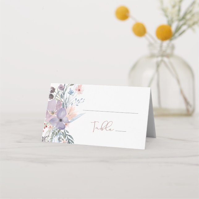 Carte De Placement Aquarelle Floral Mariage de table violet en cuivre (Devant)
