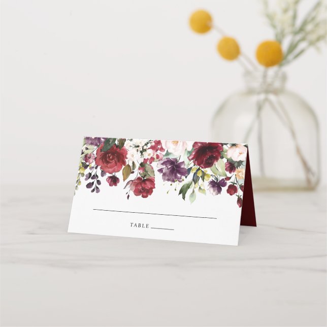 Carte De Placement Aquarelle floral rose vin de Bourgogne (Devant)