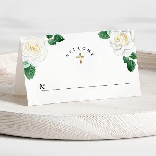 Carte De Placement Aquarelle Floral Roses Blanches Fille Première Com