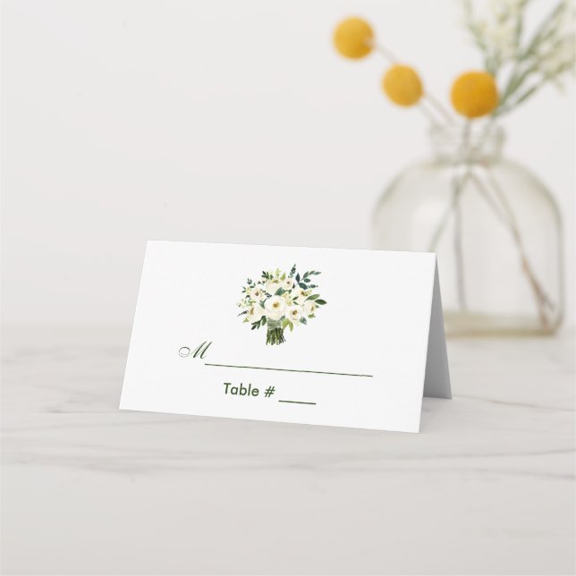 Carte De Placement Aquarelle Floral Vert Blanc Bouquet Mariage (Devant)