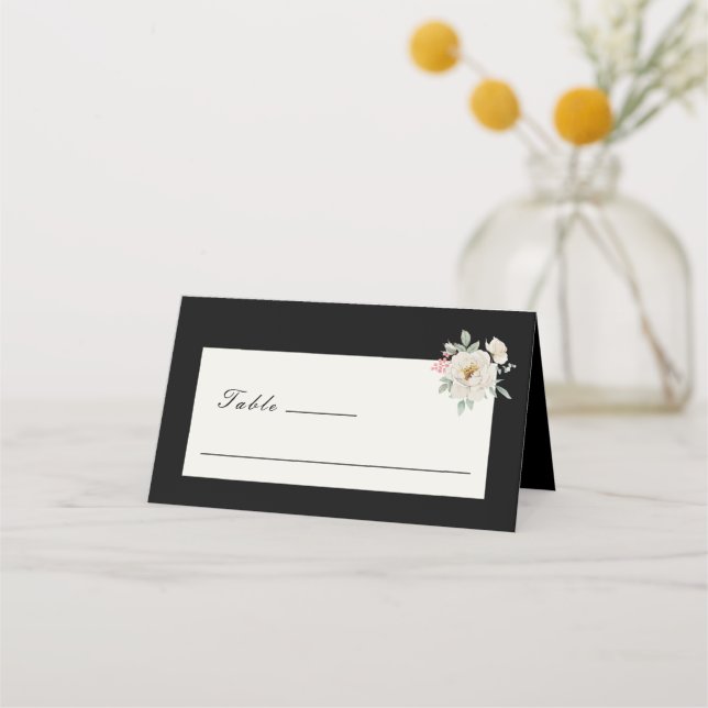 Carte De Placement Aquarelle florale rose blanche sur Mariage noir (Devant)
