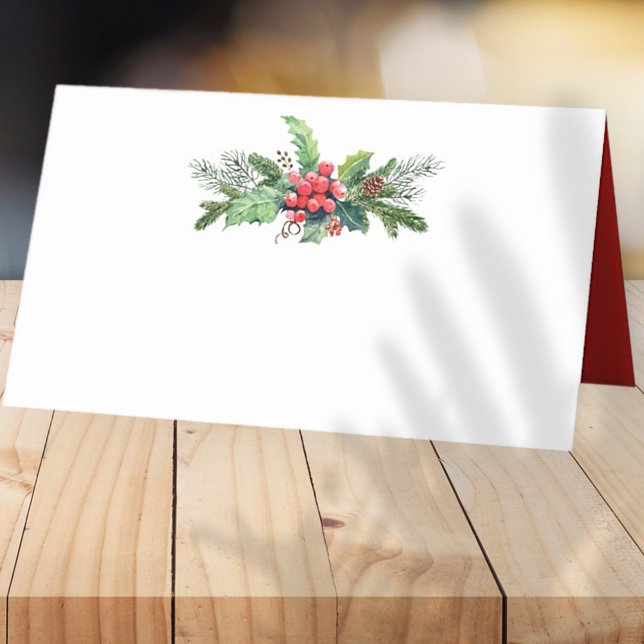 Carte De Placement Aquarelle Holly avec pin et Berry | Vacances (Créateur téléchargé)