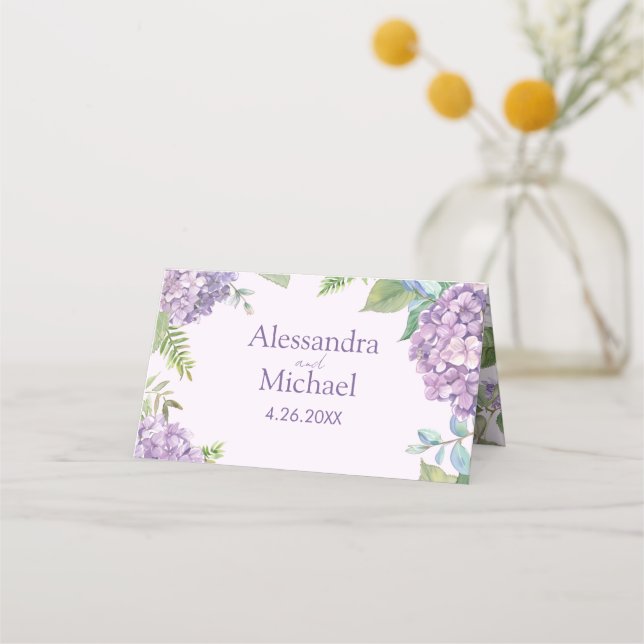 Carte De Placement Aquarelle Lavande Hydrangea Fleurs Mariage Fern (Devant)