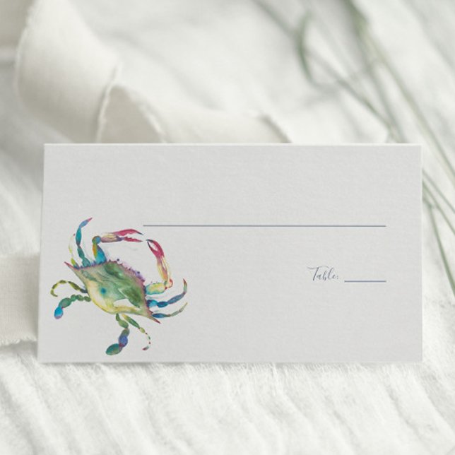 Carte De Placement Aquarelle Mariage côtier de crabe bleu (Place cards feature watercolor blue crab beach art by Victoria Grigaliunas of Do Tell A Belle)