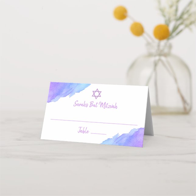 Carte De Placement Aquarelle moderne Blue Star David Bat mitzvah #LC (Devant)
