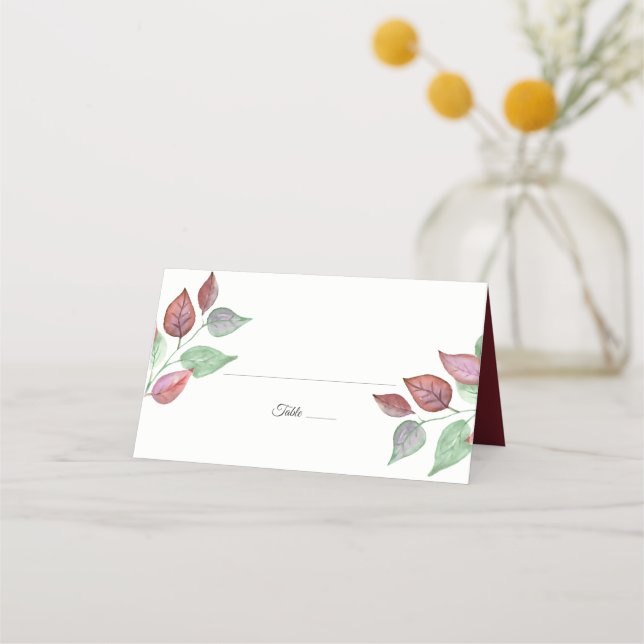 Carte De Placement Aquarelle moderne Peint Burgundy Mariage de feuill (Devant)