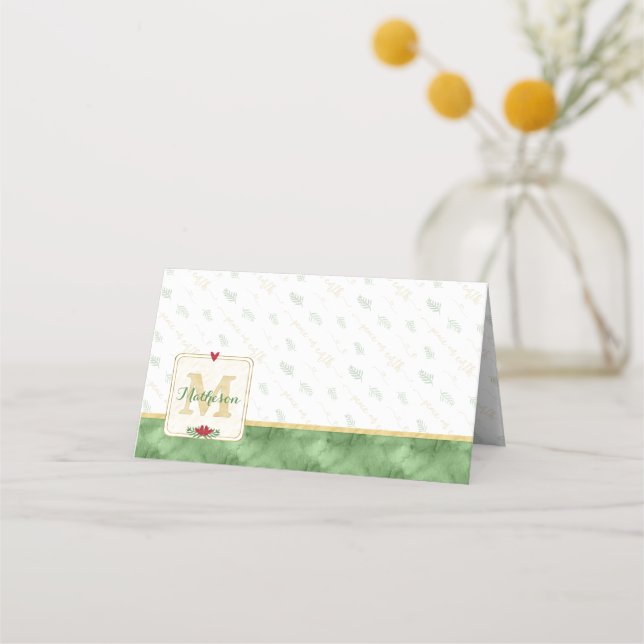 Carte De Placement Aquarelle Monogramme Vert & Or | Paix sur Terre (Devant)