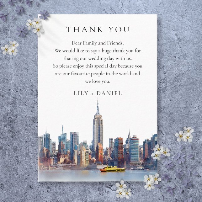 Carte De Placement Aquarelle New York Mariage Merci (Watercolor New York City Wedding Thank You Place Card)