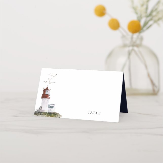 Carte De Placement Aquarelle phare Nautique Marine Mariage bleu (Devant)