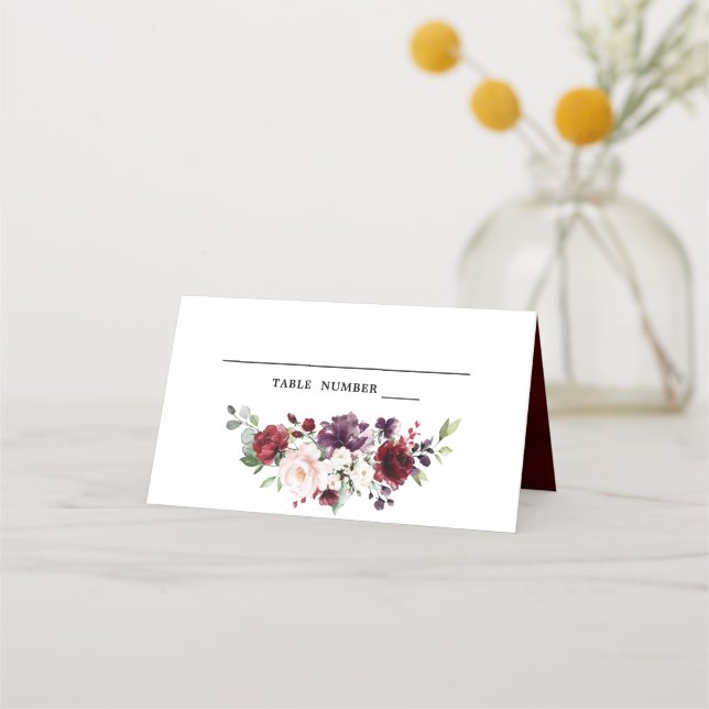 Carte De Placement Aquarelle romantique Bourgogne Rouge Blush Rose Fl (Devant)
