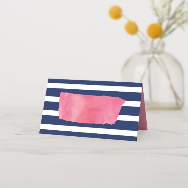 Carte De Placement Aquarelle rose chic et rayures bleues (Devant)
