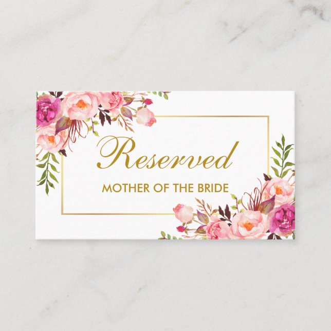 Carte De Placement Aquarelle rose Floral Or Mariage Nom réservé (Devant)